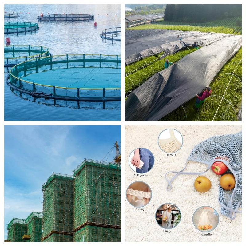 Diversos productos de tejido de urdimbre: redes de pesca, mallas de protección solar, redes de seguridad para deportes, malla 3D, tela jacquard para la parte superior de zapatos