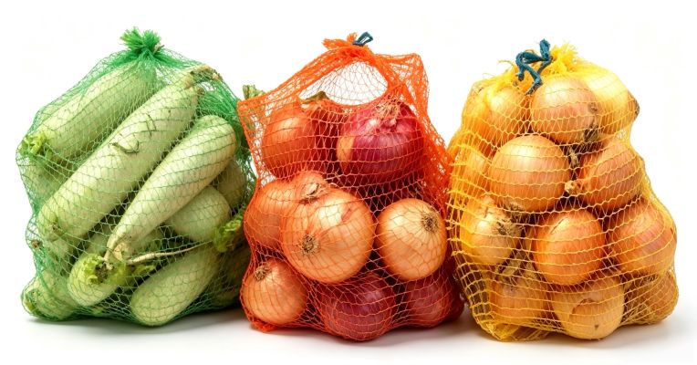 Bolsas de malla de verduras terminadas empaquetadas, patatas, cebollas, cítricos para embalaje de supermercado de exportación